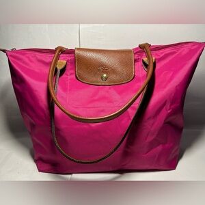 Longchamp Pink Large Le Pliage Foldable Canvas Tote Shoulder Bag Long Handles